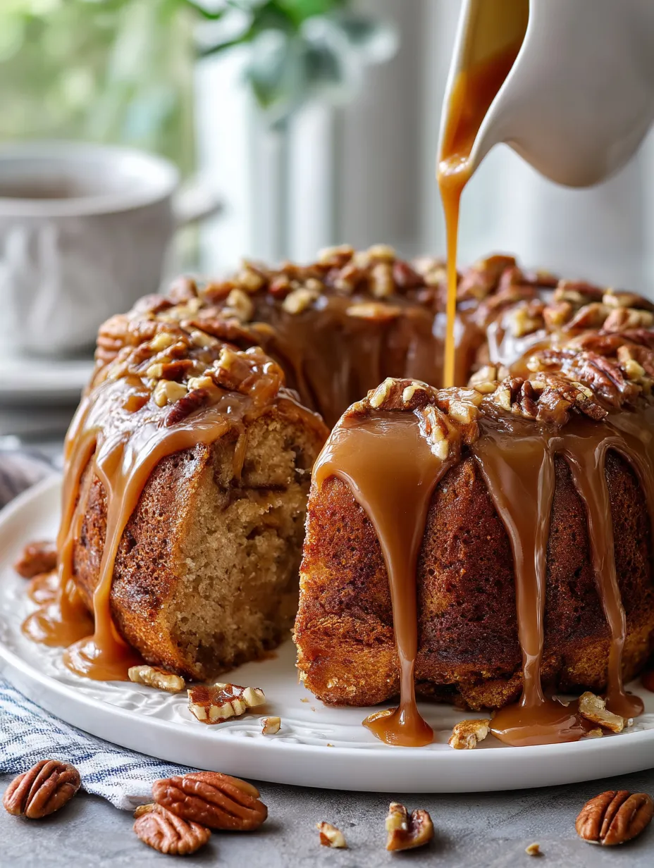 Easy Apple Pecan Cake With Caramel Glaze.