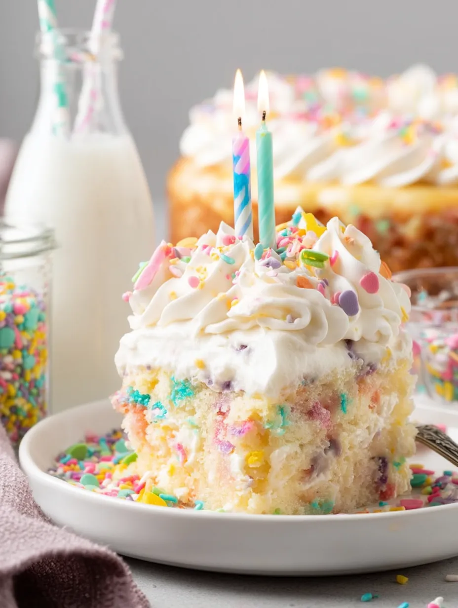 A birthday cake with candles and a bottle of milk.