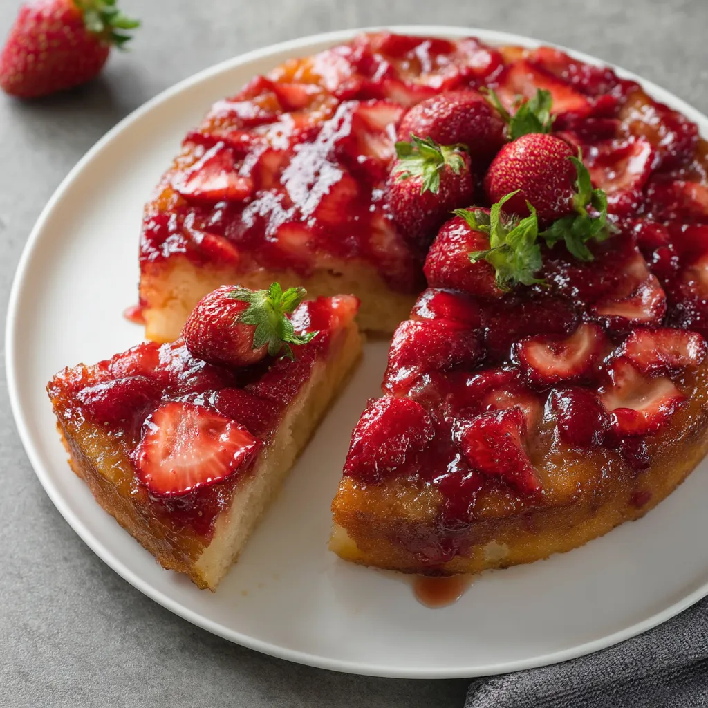 A slice of strawberry cake on a plate.