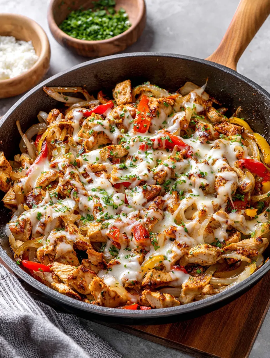 A pan of chicken with cheese and peppers.