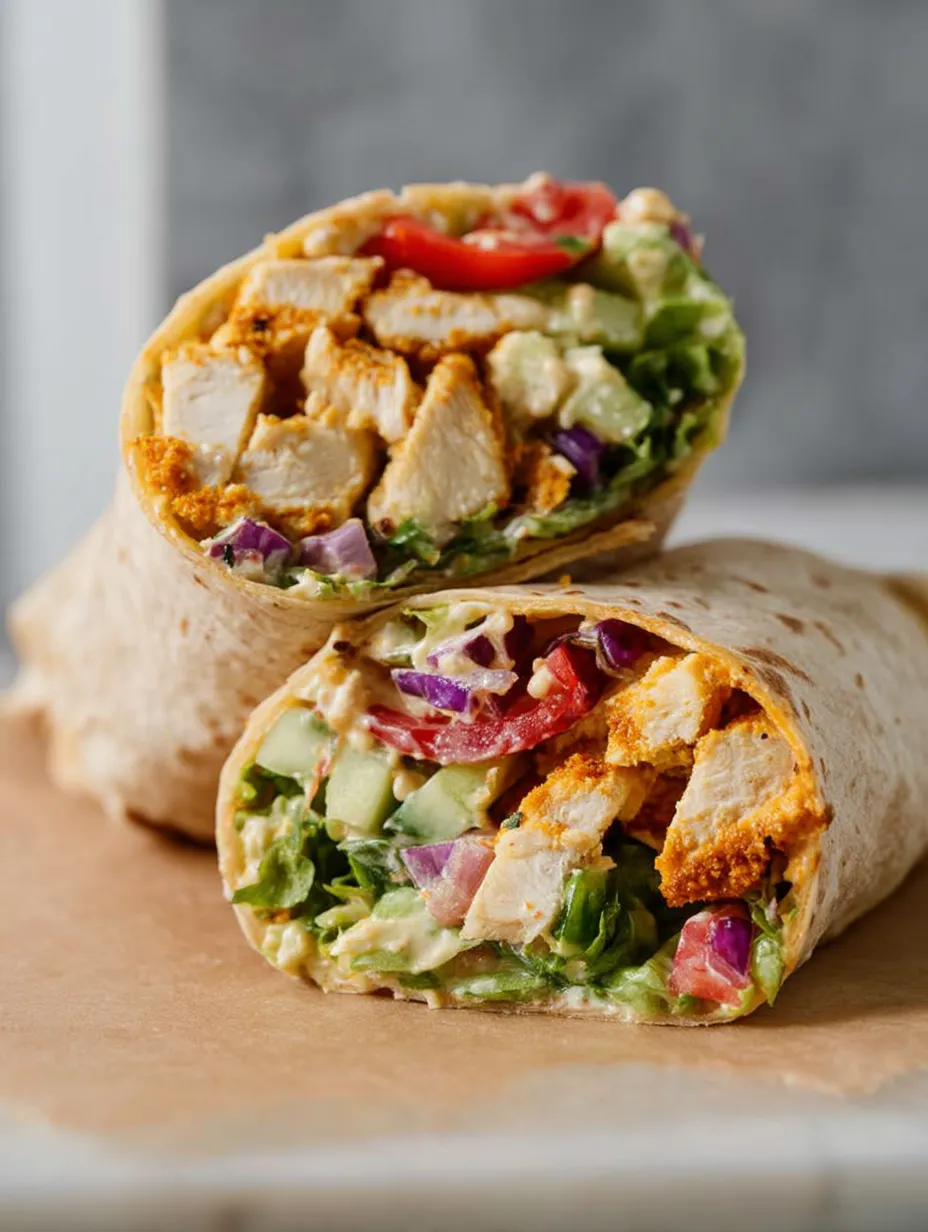 A chicken wrap with lettuce and tomato.
