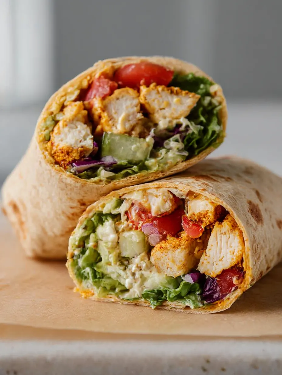 A chicken wrap with tomatoes and lettuce.