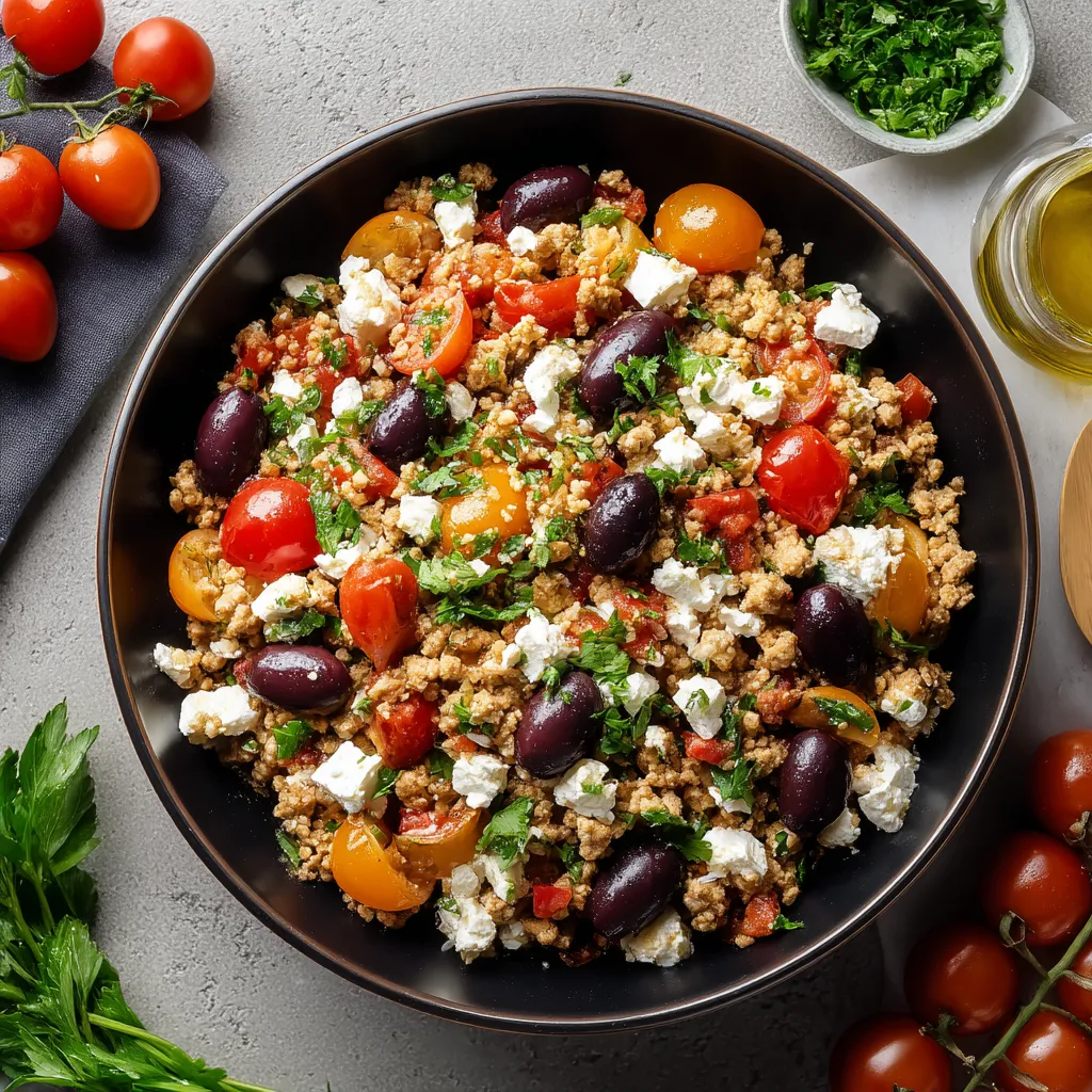 Mediterranean Keto Ground Chicken Skillet with Olives and Feta