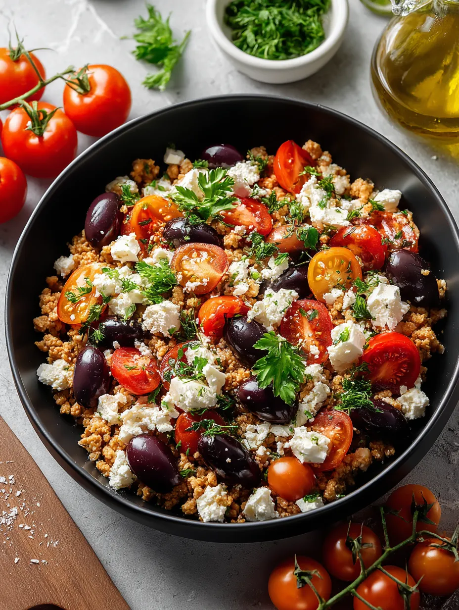 A bowl of Mediterranean Keto Ground Chicken Skillet.