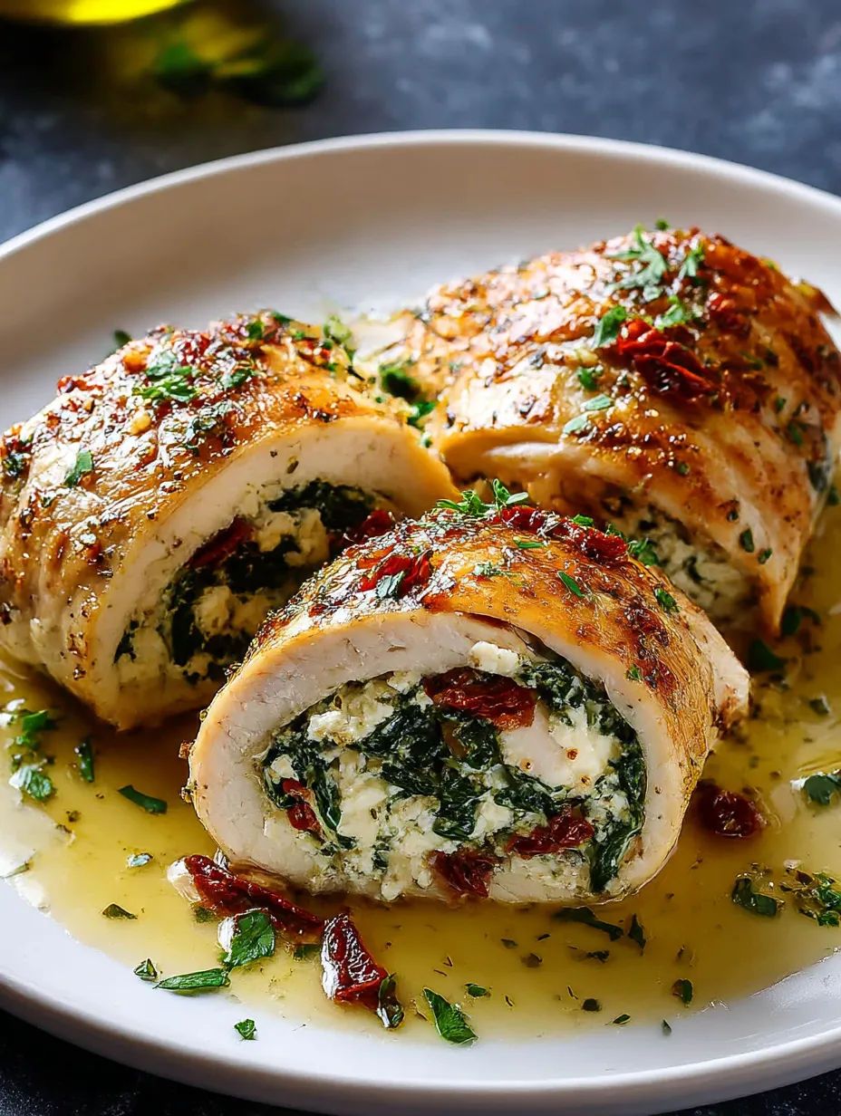 A plate of Rolled Up Chicken with Feta, Spinach.