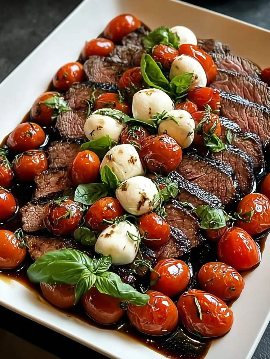 A plate of Balsamic Caprese Grilled Flank Steak.