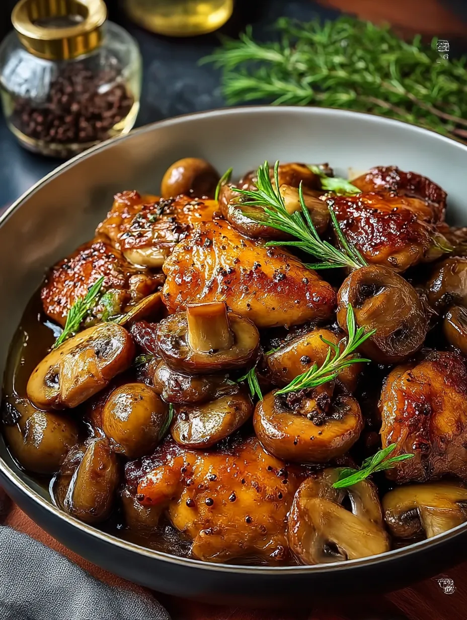 A plate of Black Pepper Chicken with Mushrooms.