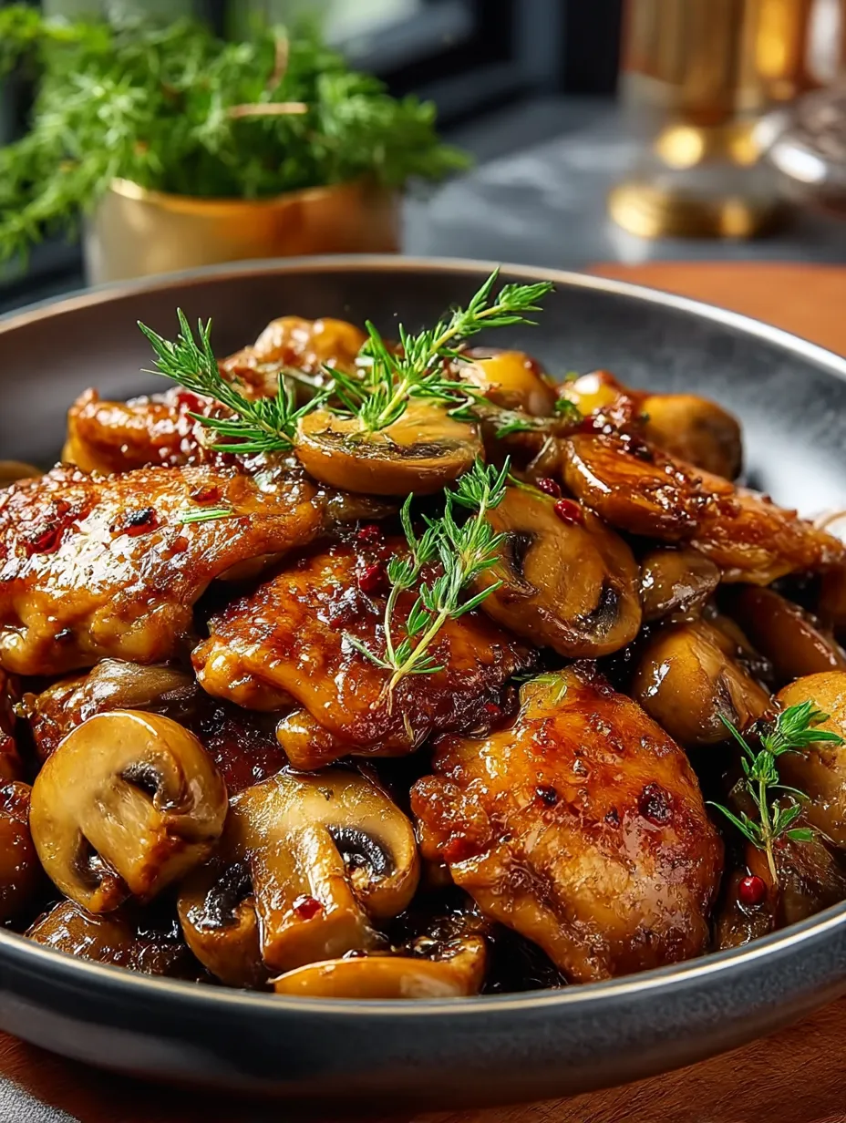 A bowl of Black Pepper Chicken with Mushrooms.