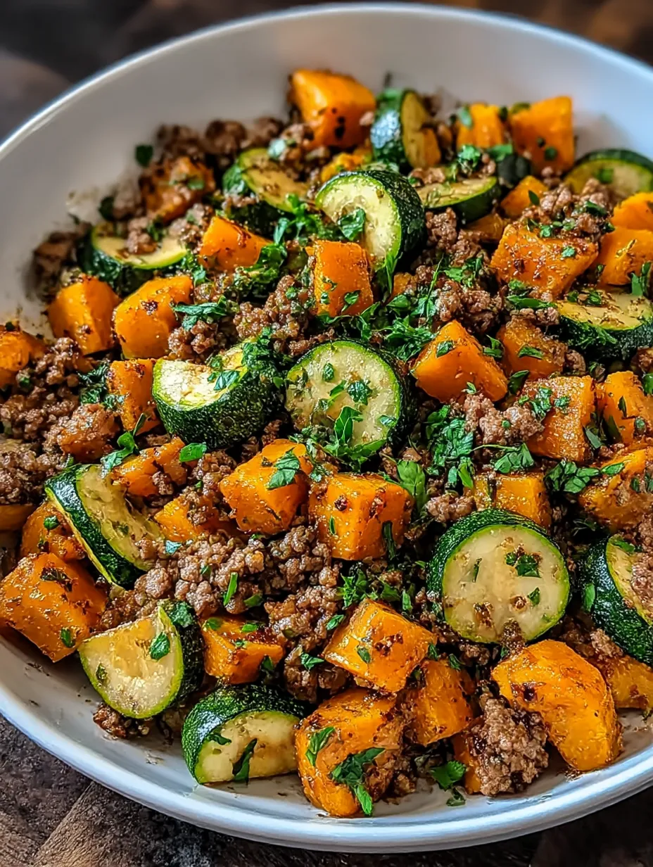 A bowl of Ground Beef Zucchini Sweet Potato Skillet.