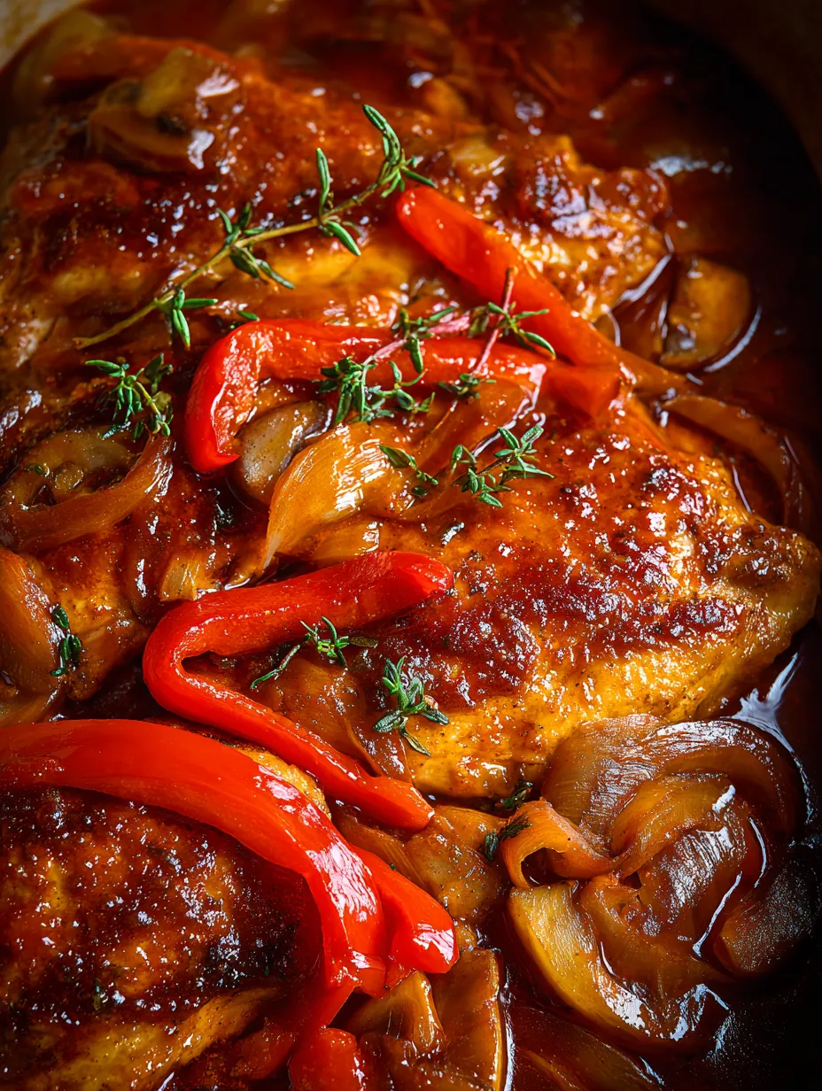 A close up of a chicken dish with peppers and onions.