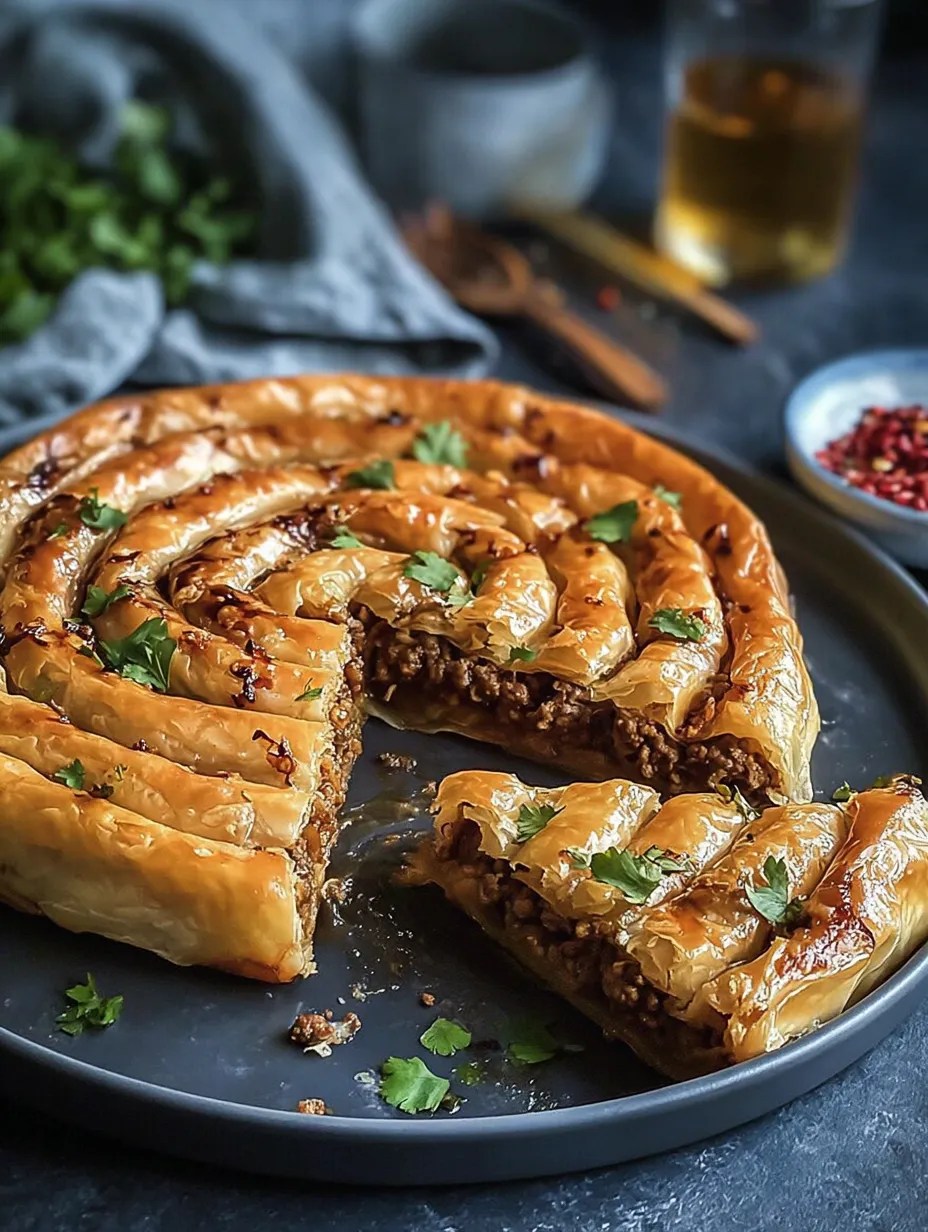 A slice of Turkish Spiral Borek with Spiced Ground Beef .