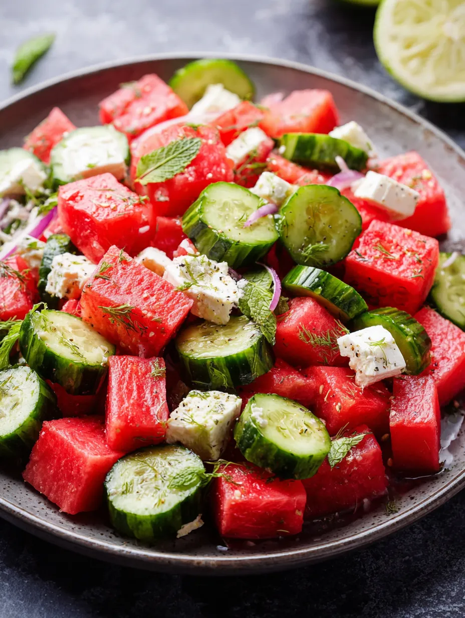 A plate of sliced watermelon and cucumbers.