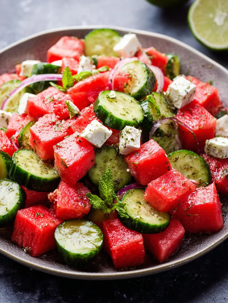 A bowl of watermelon and cucumber salad.
