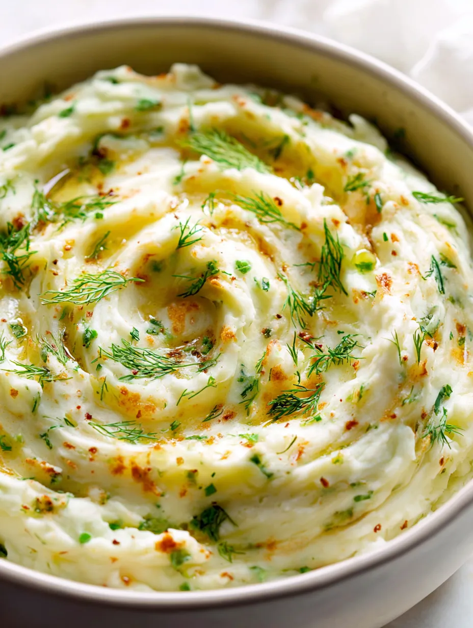 A bowl of mashed potatoes with green herbs.
