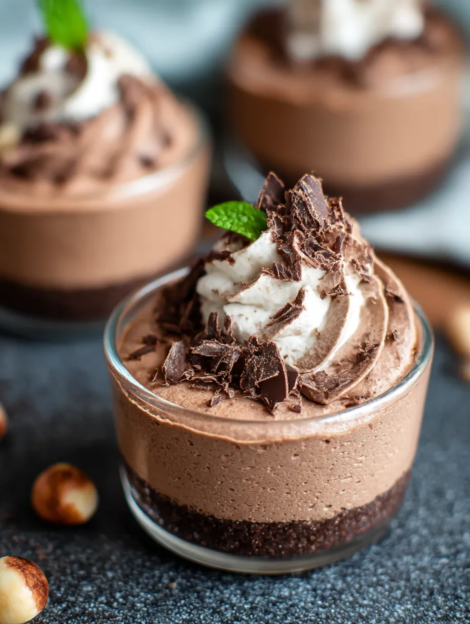 A chocolate dessert with white cream and a green leaf on top.