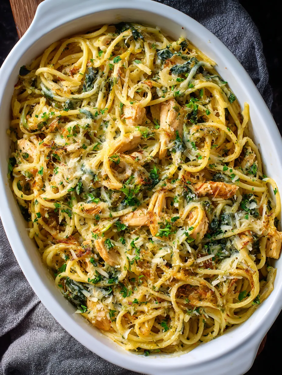 A bowl of pasta with chicken and spinach.