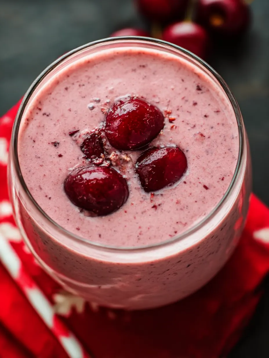 A glass of Cherry Banana Smoothie.