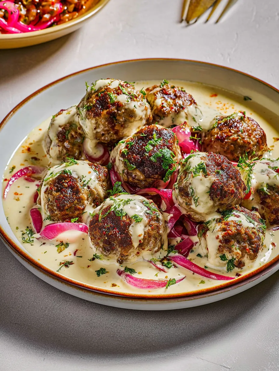 A plate of meatballs in a creamy sauce.
