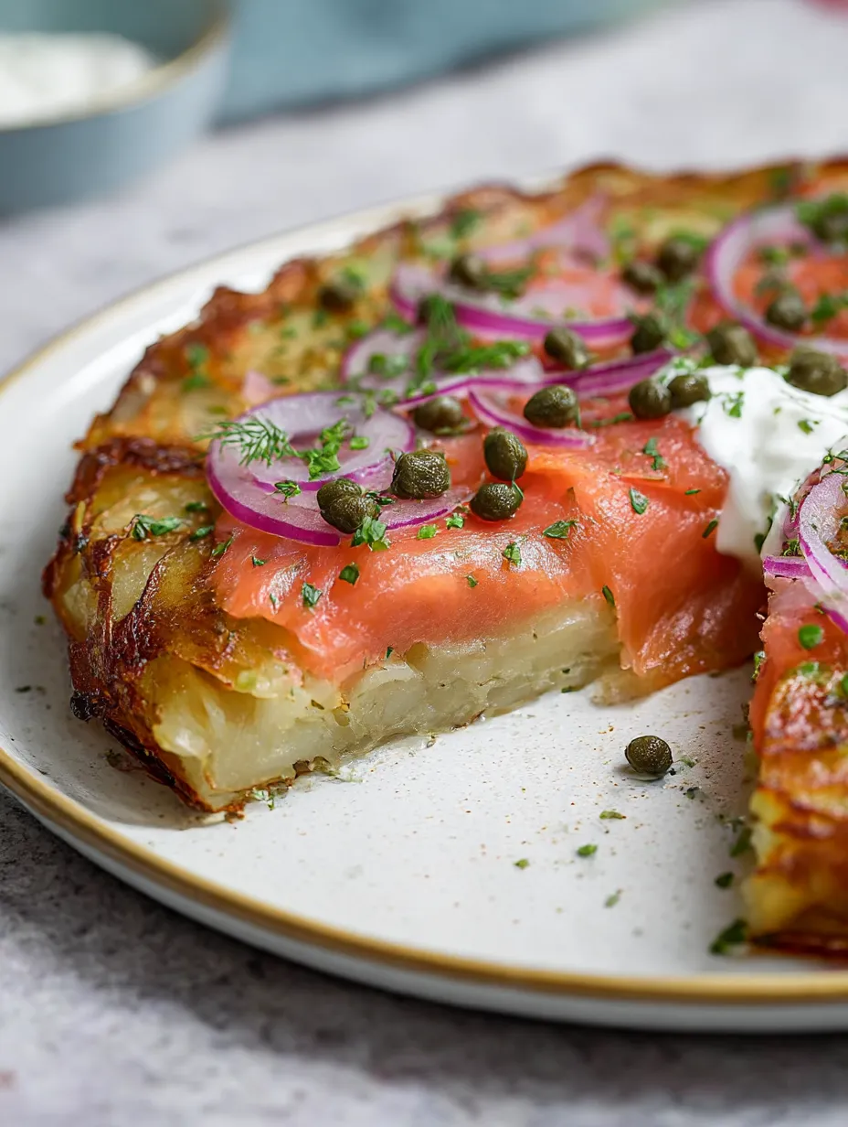 A slice of Crispy Potato Galette with Smoked Salmon.