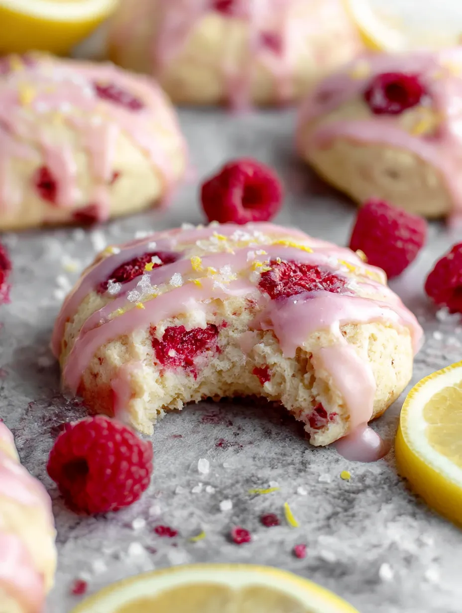 A slice of lemon cake with raspberries on top.