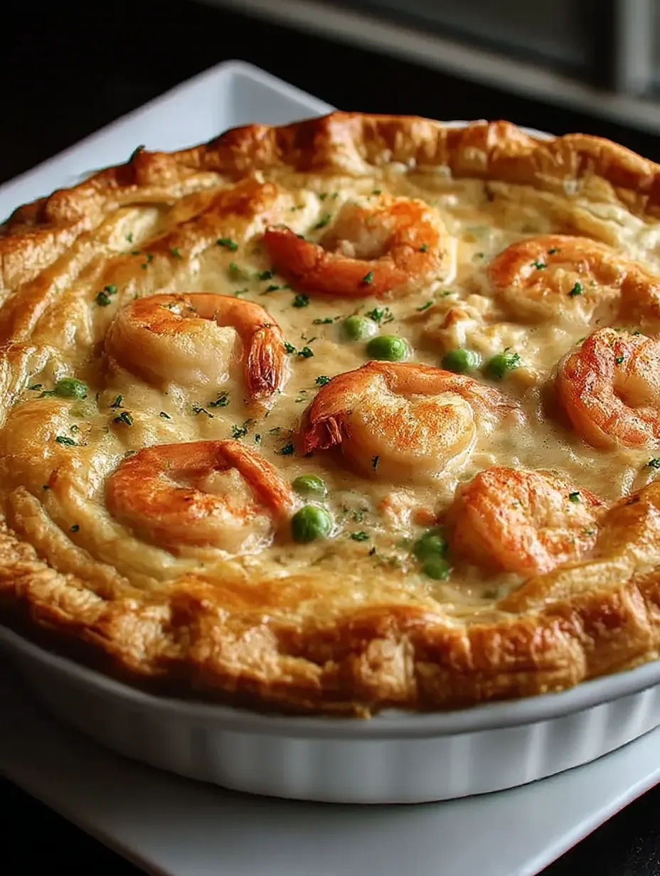 A white plate with a shrimp and pea pie.