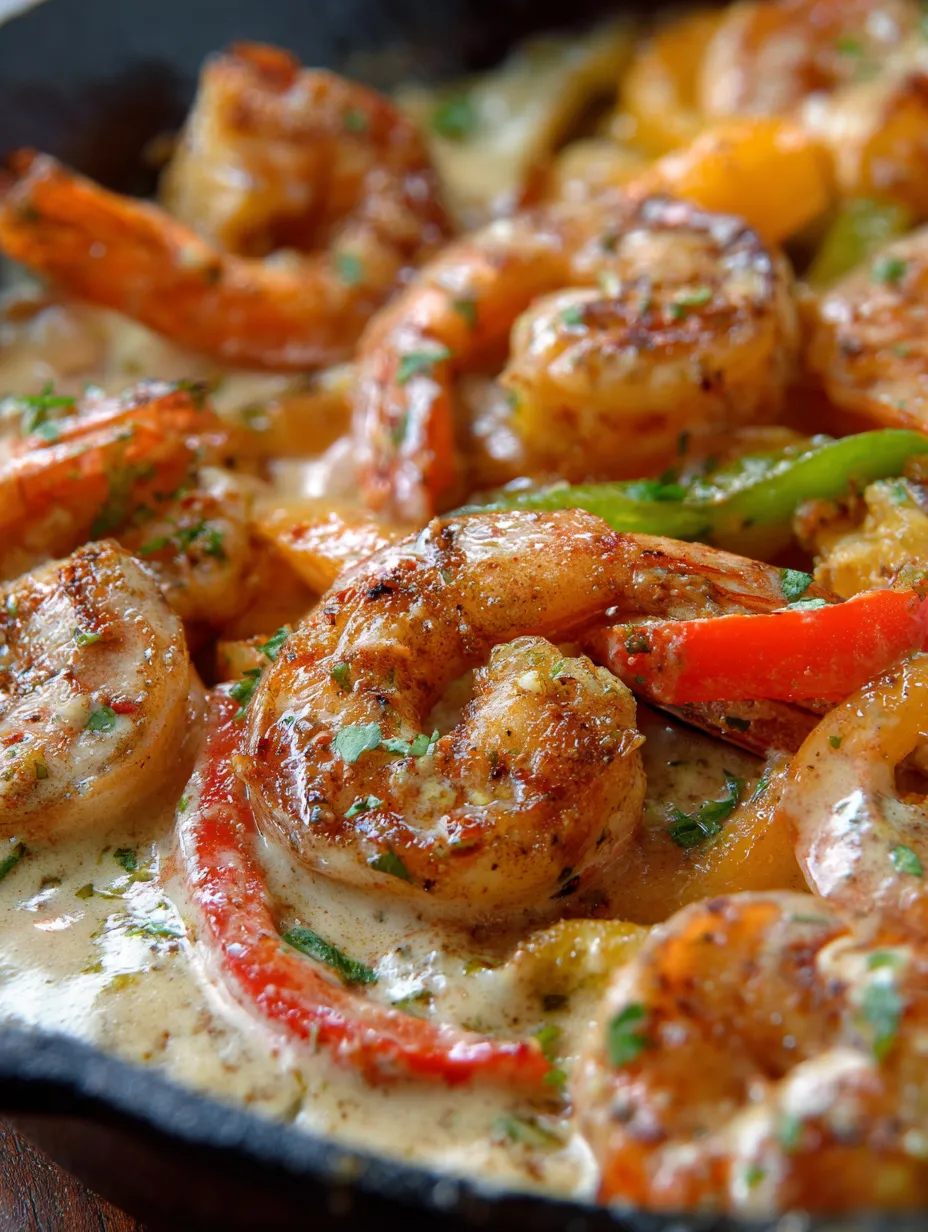 Shrimp and peppers in a white sauce.