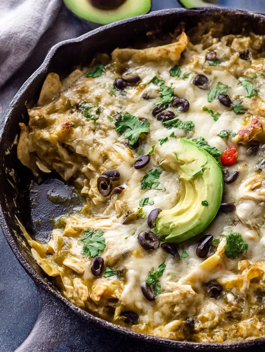 A pan of Green Chile Chicken Enchilada Skillet.