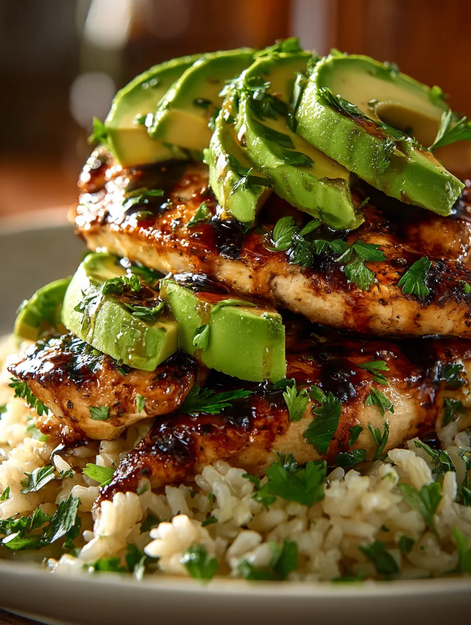 A stack of chicken with rice and avocado.