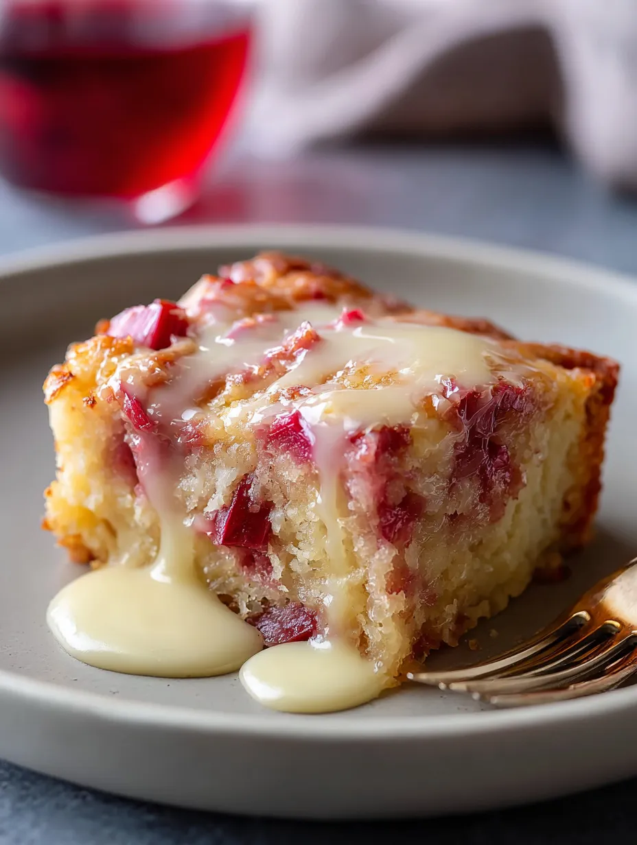 A slice of Rhubarb Cake with Butter Sauce.