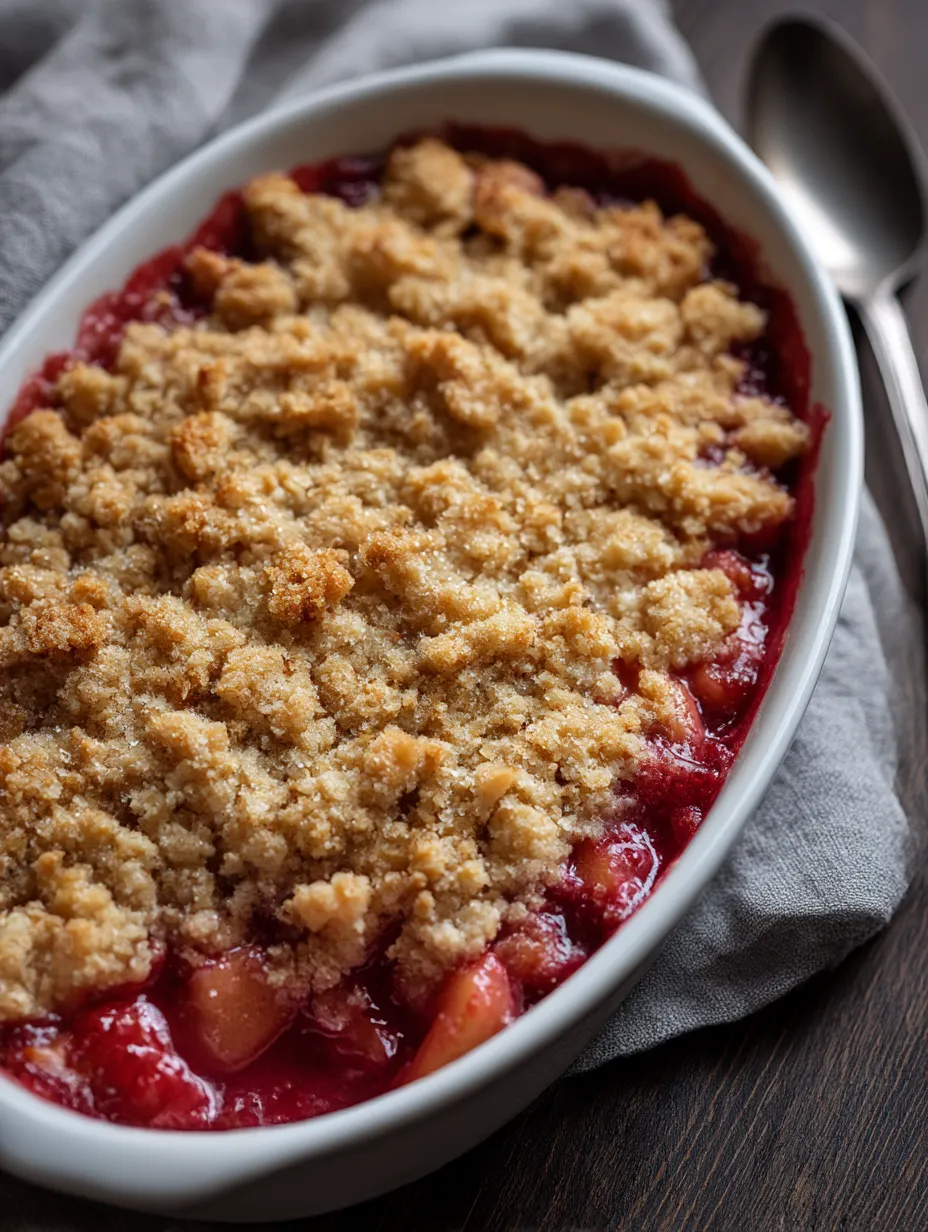 A bowl of Rhubarb Crisp.