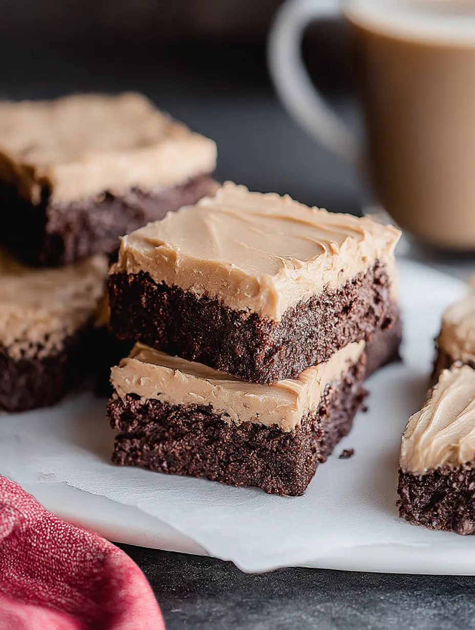 A plate of Frosted Coffee Brownies.