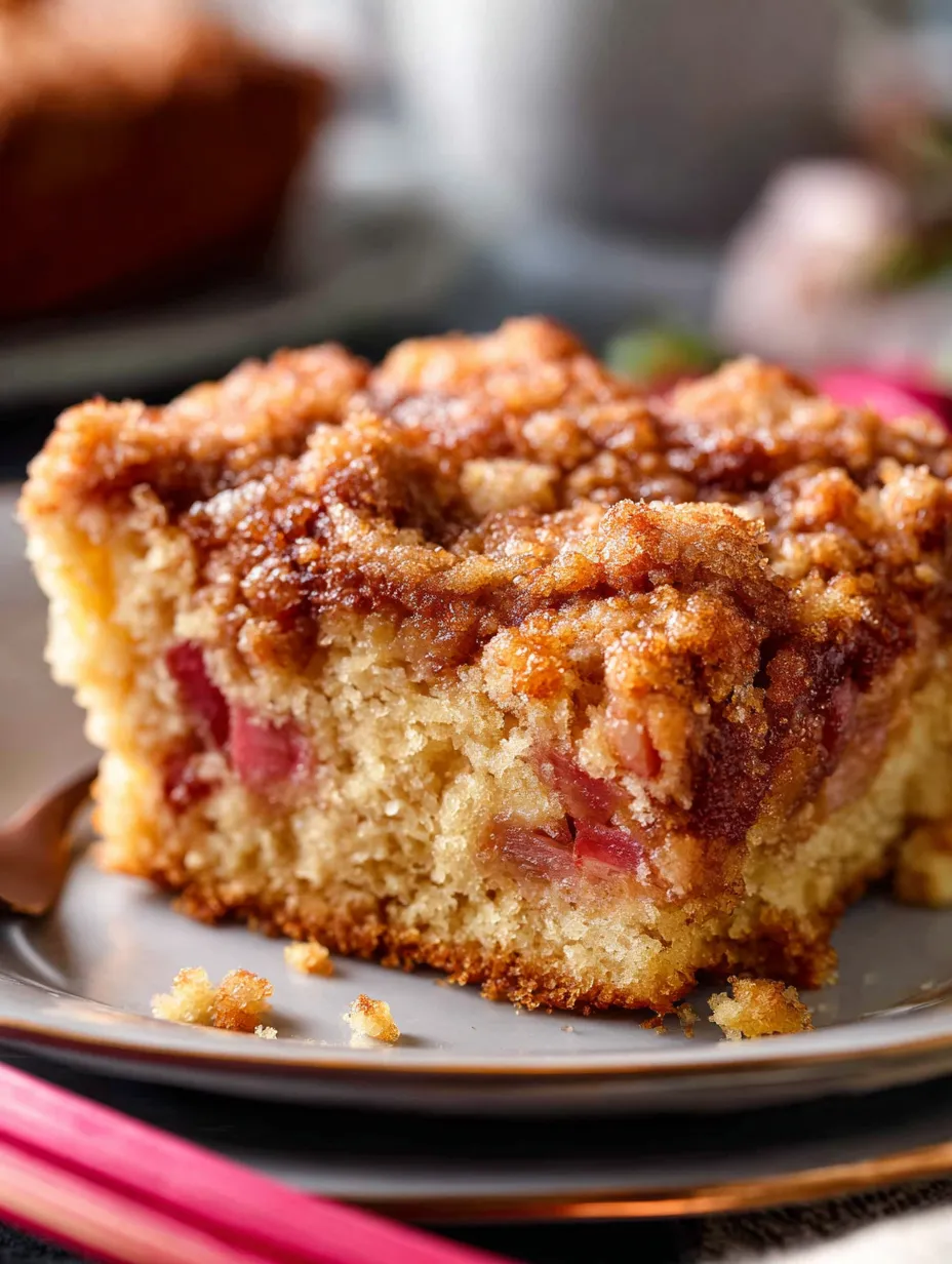 A slice of Double Crumb Rhubarb Coffee Cake.