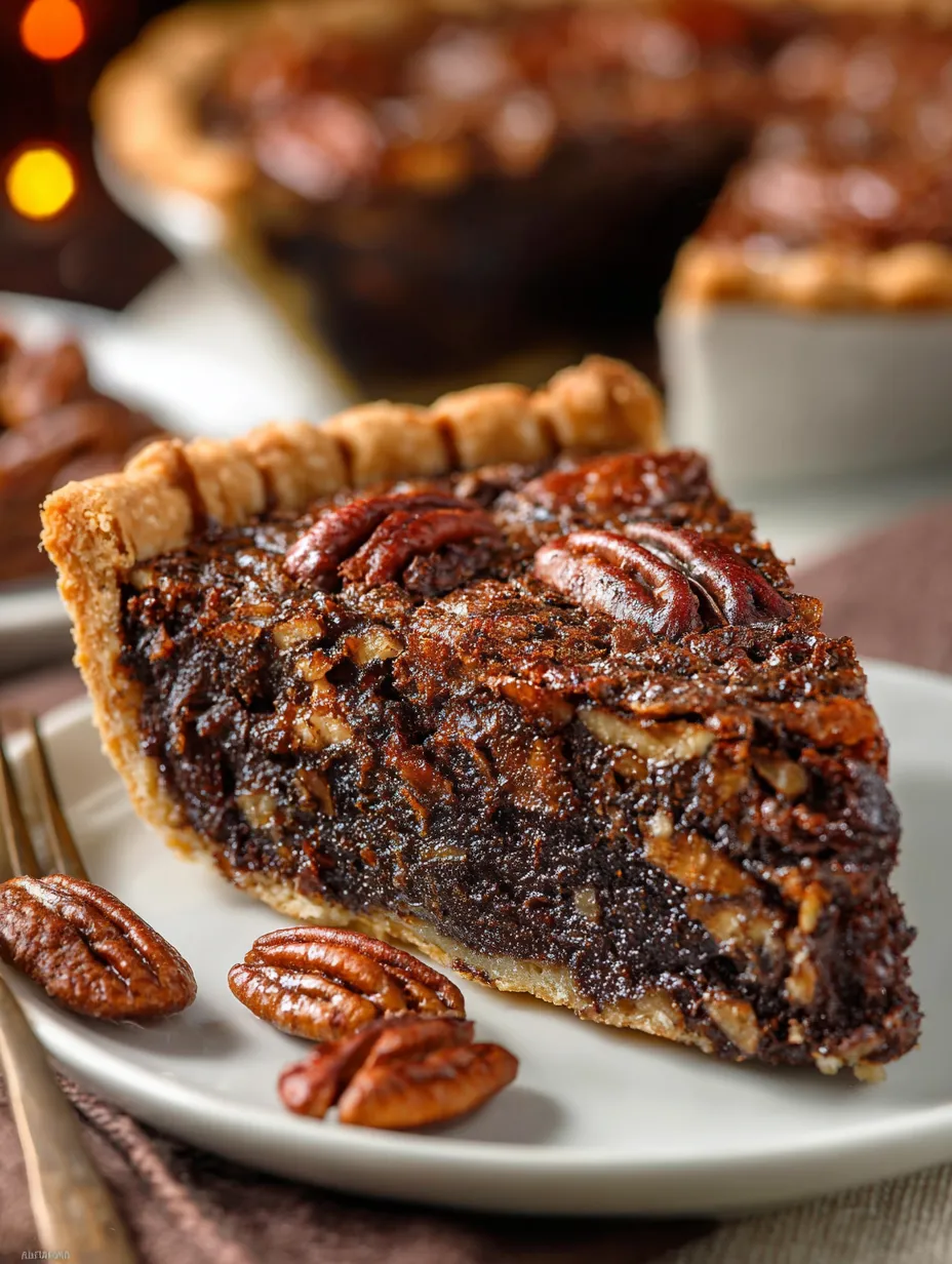 A slice of Texas Chocolate Pecan Pie.