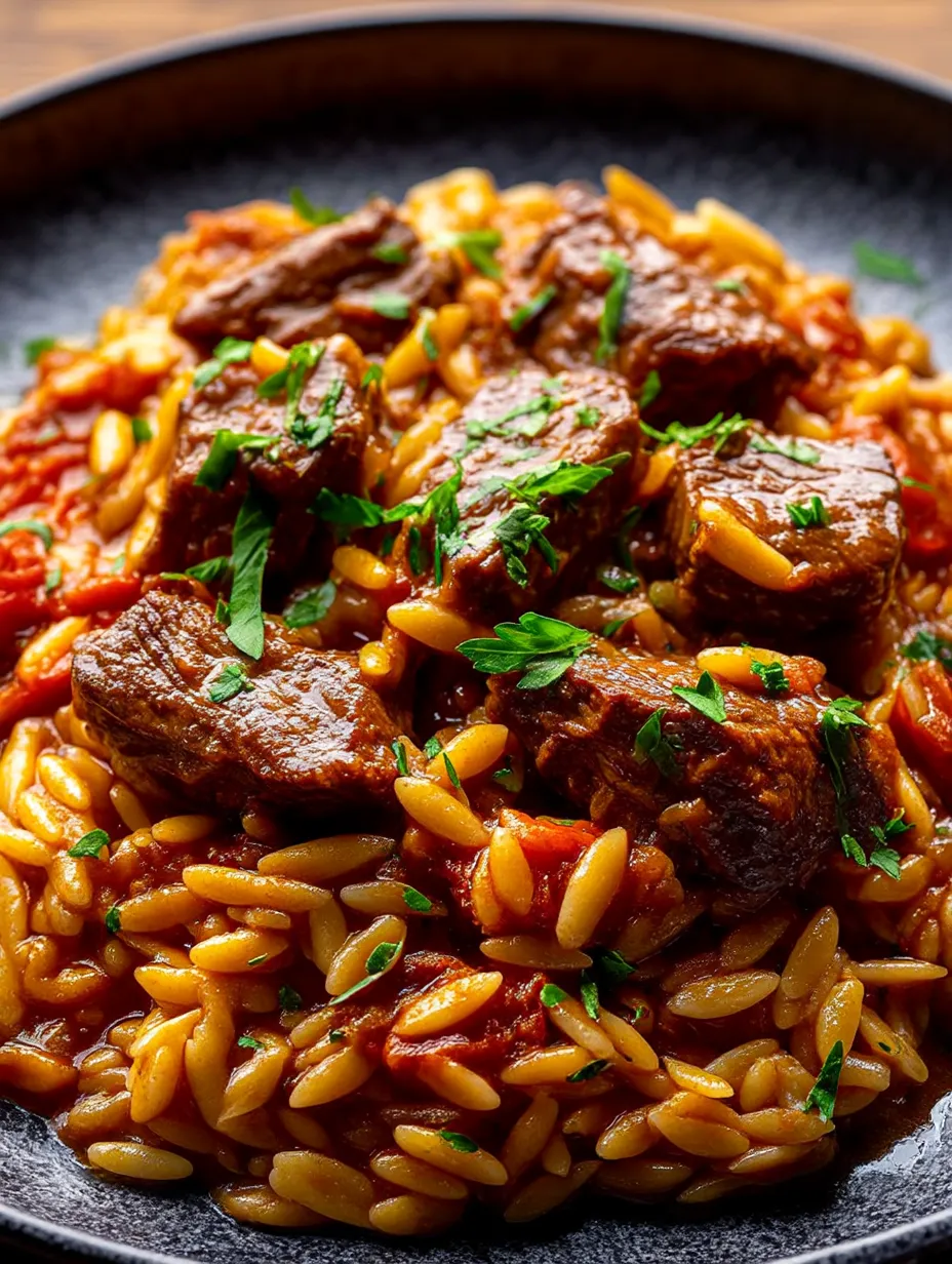 A plate of Braised Beef and Orzo.