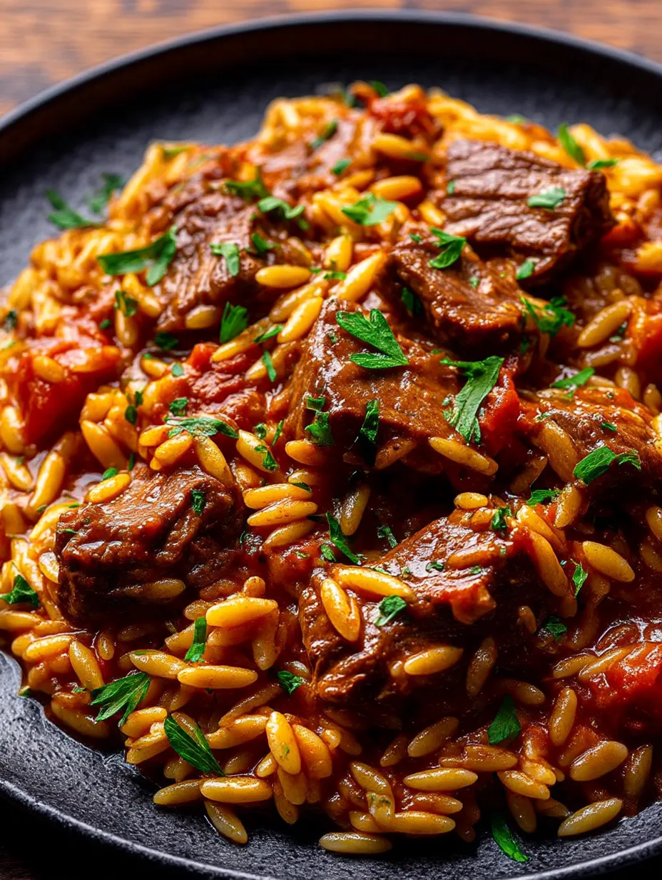 A bowl of Braised Beef and Orzo.