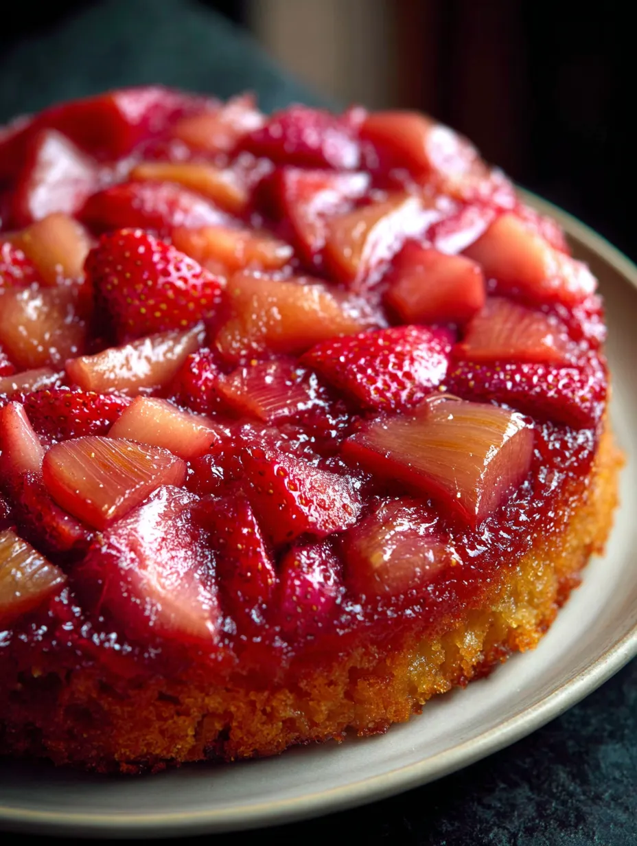 A slice of Strawberry Rhubarb Upside Down Cake.