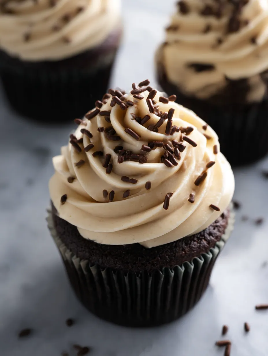 A cupcake with chocolate frosting and chocolate sprinkles.