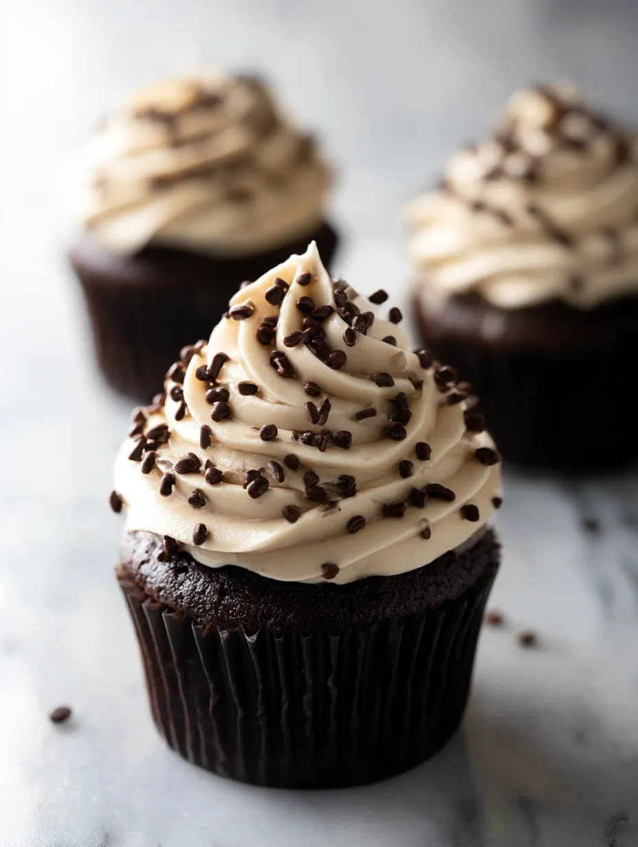 A chocolate cupcake with white frosting.