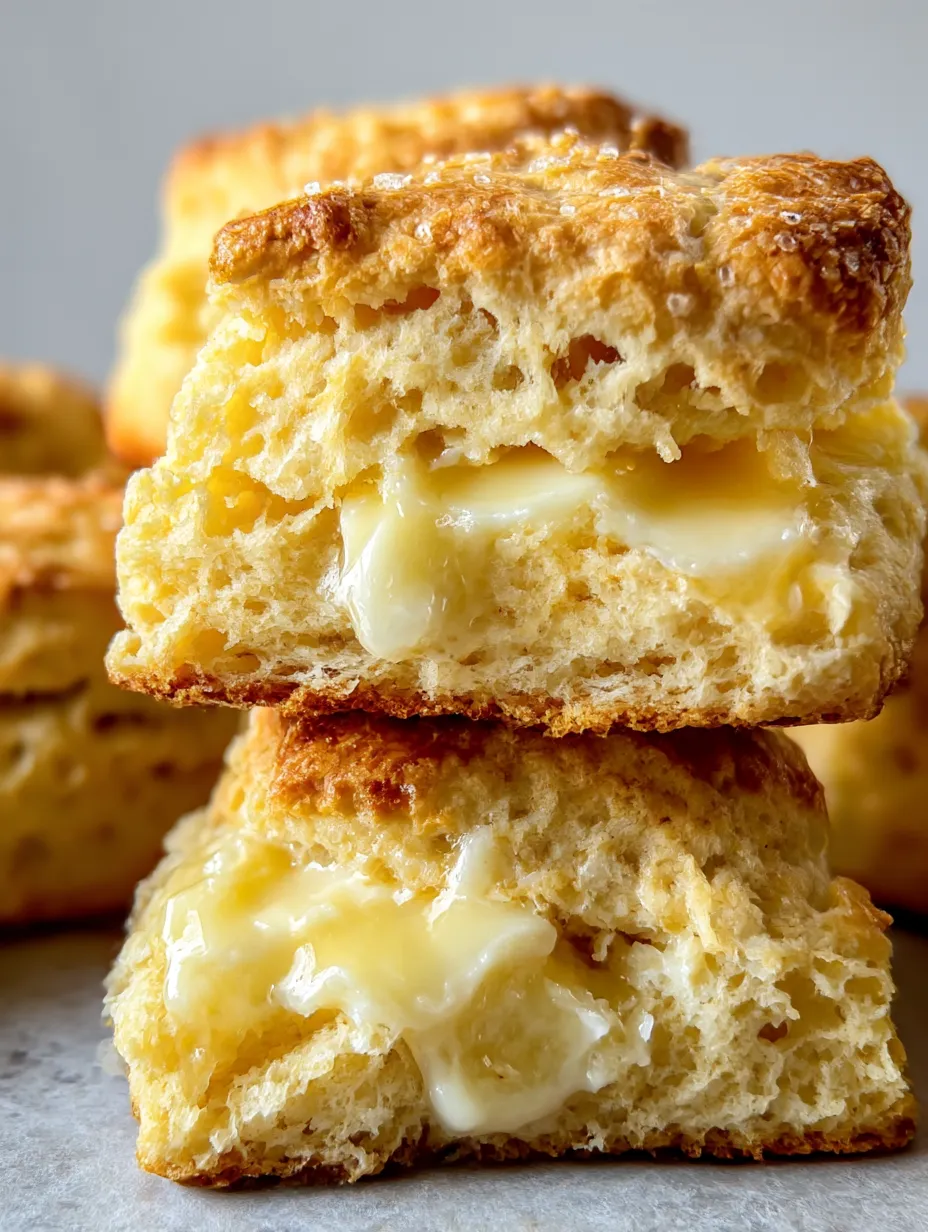 A stack of three biscuits with butter on top.