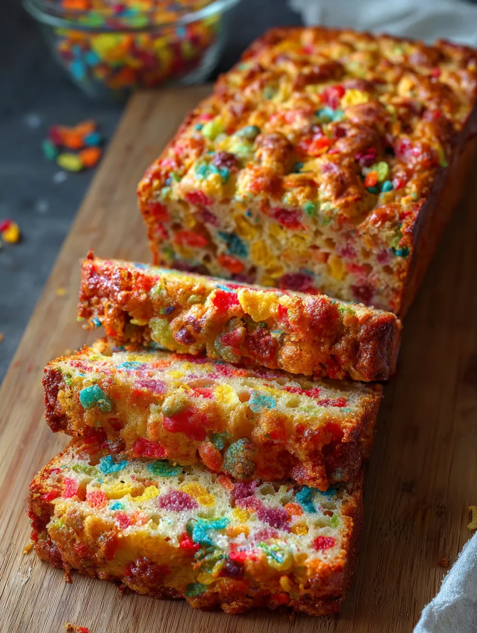 A slice of Fruity Pebbles Breakfast Bread.