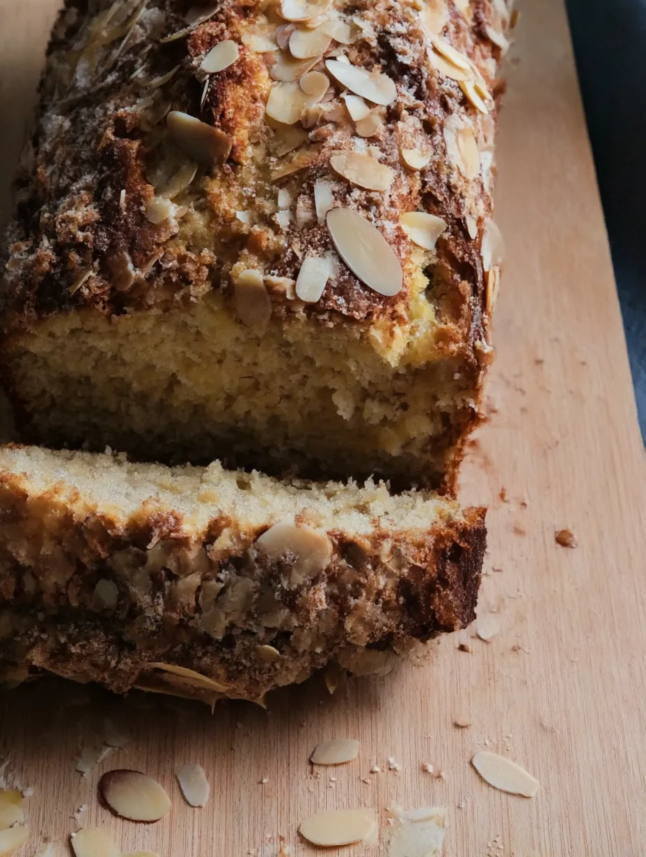 A slice of bread with almonds on a cutting board.