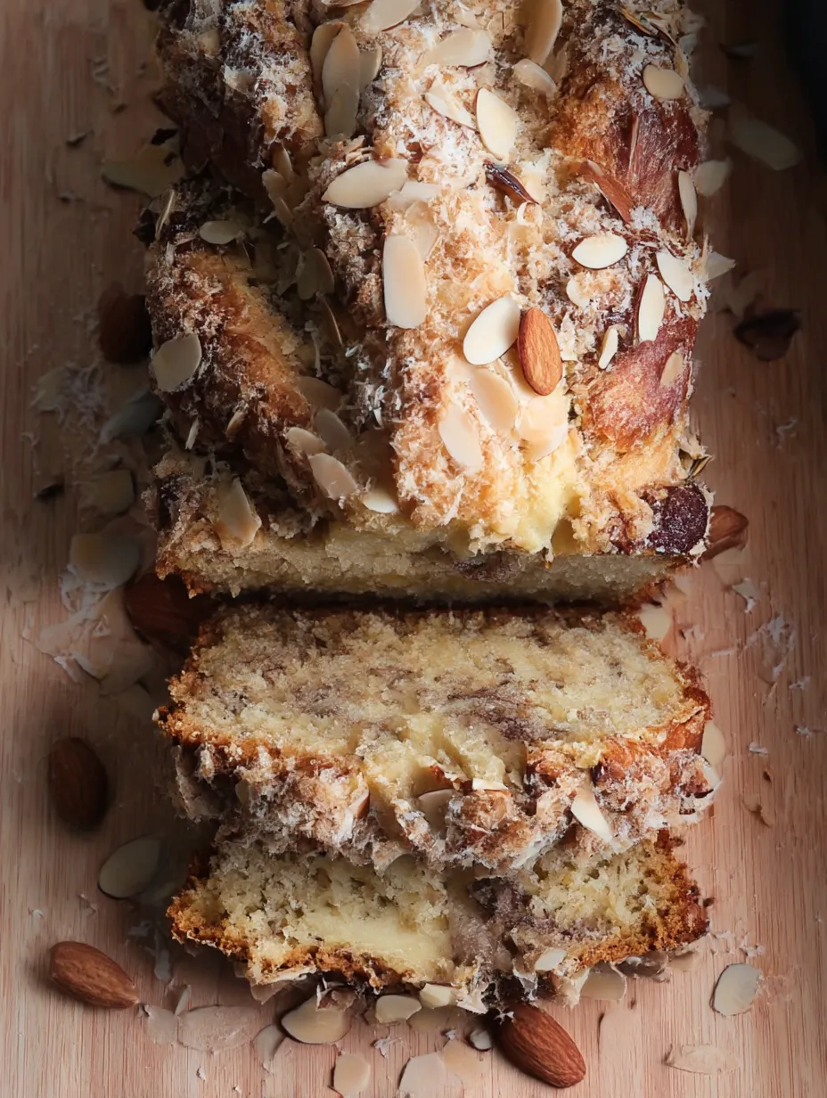 A slice of Almond Croissant Banana Bread.