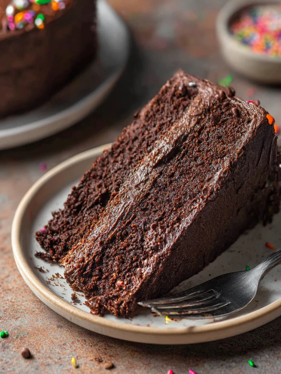 A slice of chocolate cake on a plate.
