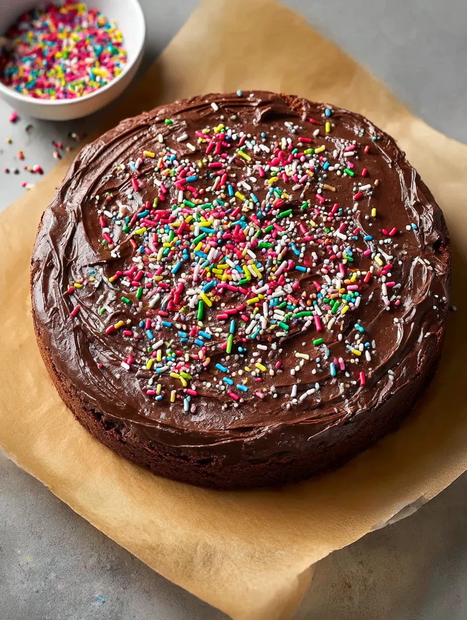A chocolate cake with sprinkles on top.