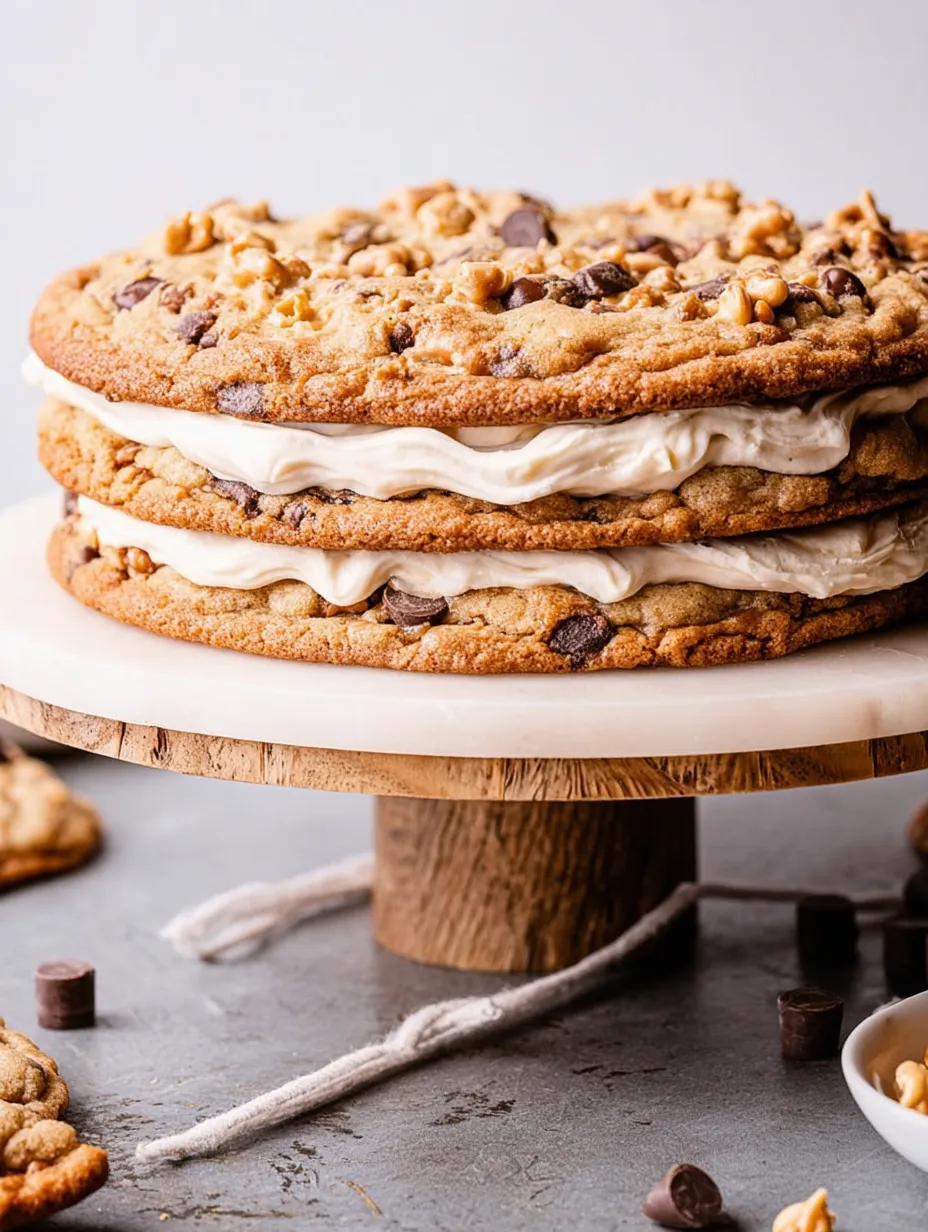 A three layer chocolate chip cookie cake.