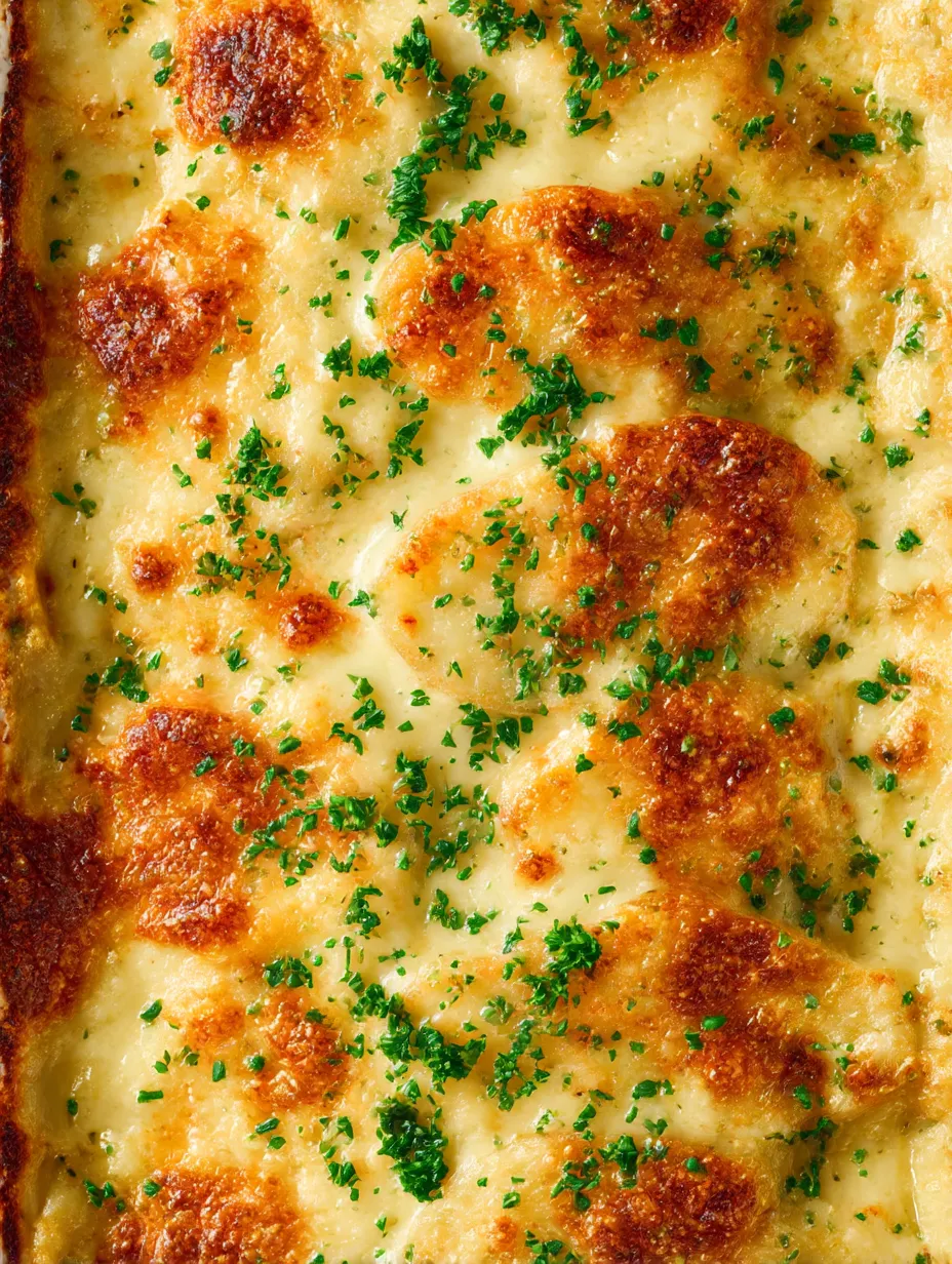 A close up of Roasted Garlic Potatoes au Gratin.