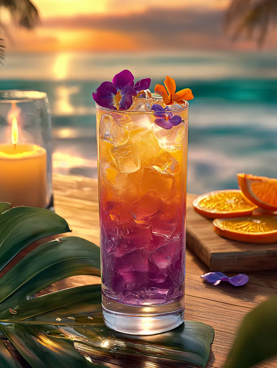 A glass of pink and orange drink with flowers in it.