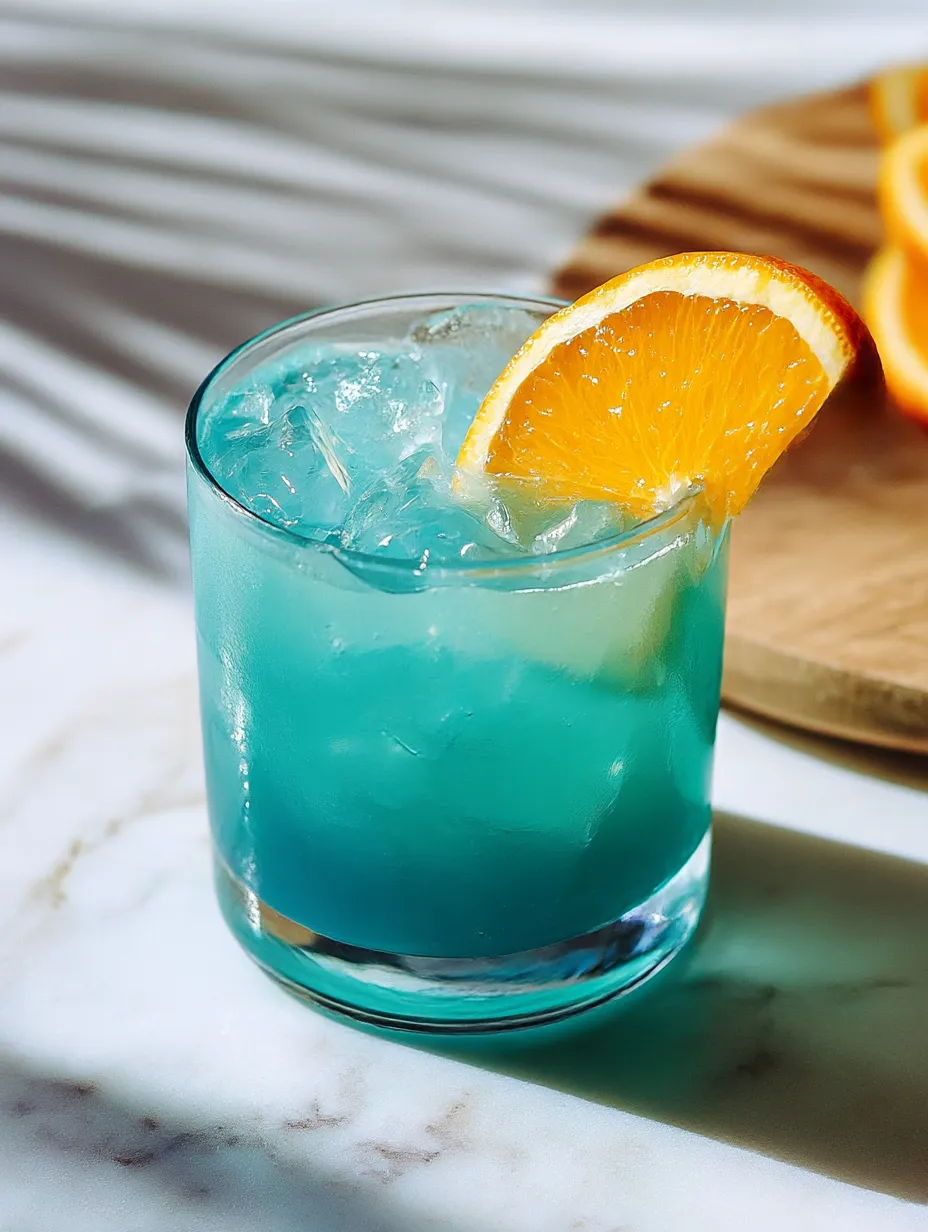 A blue drink with a slice of orange in it.