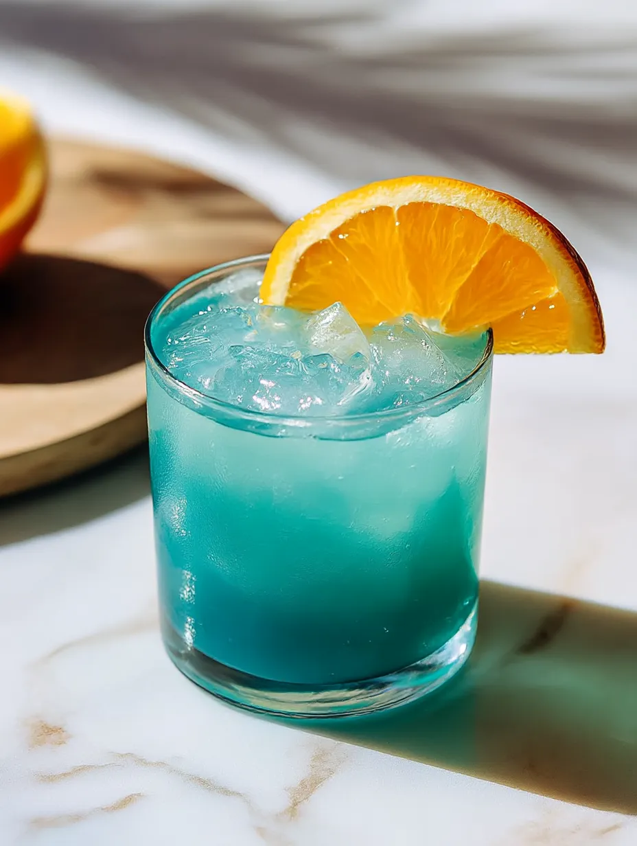 A glass of blue drink with an orange slice on top.