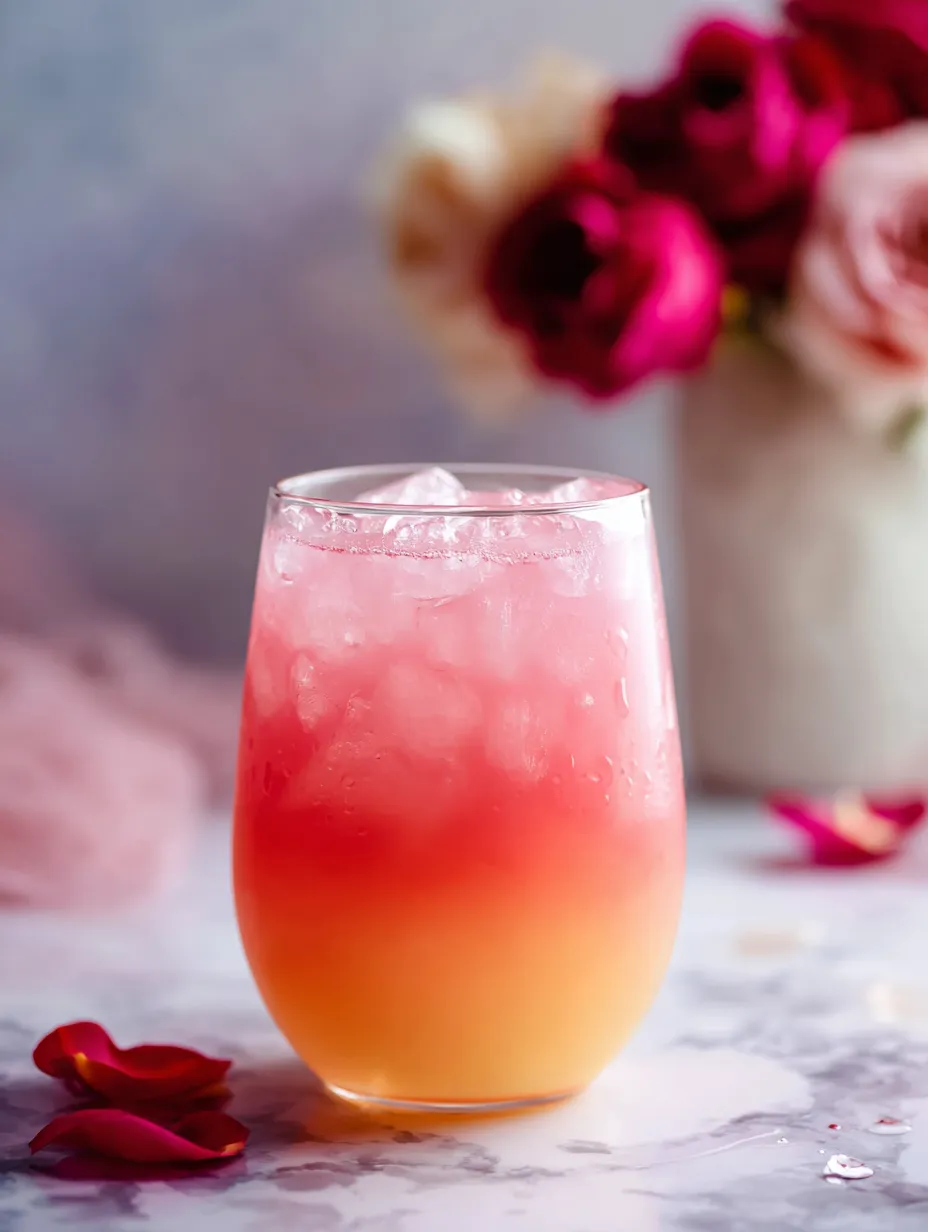 A glass of pink and orange drink.